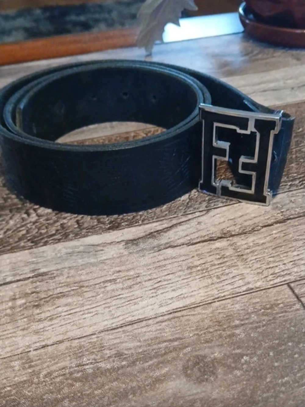 Fendi FF Logo Belt Buckle Varsity Block Style with Tooled Leather Strap